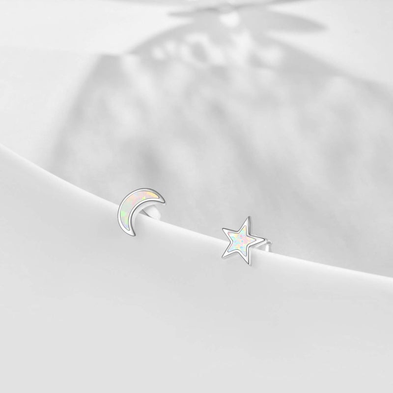 Cuoka Moon and Star Earrings 925 Sterling Silver Opal Celestial Asymmetry Star Moon Stud Earrings for Women Daughter - Image 3